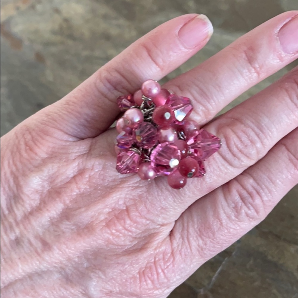 Pink Swarovski Crystal Stretch Band Cha Cha Ring